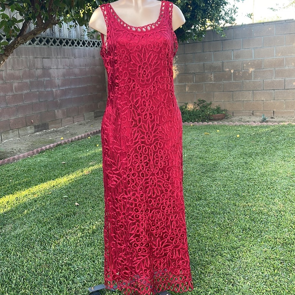 SOULMATES 💯% Silk, LONG sz XL” womens  Sleeveless Red Lace Cocktail  Dress